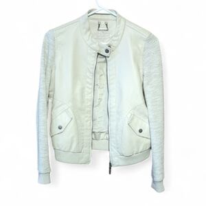 Jou Jou Faux Leather Cream Jacket with Knitted Sleeves